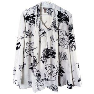 Chicos Layered Look Blouse Floral Monochrome Black White Size Large Long Sleeve